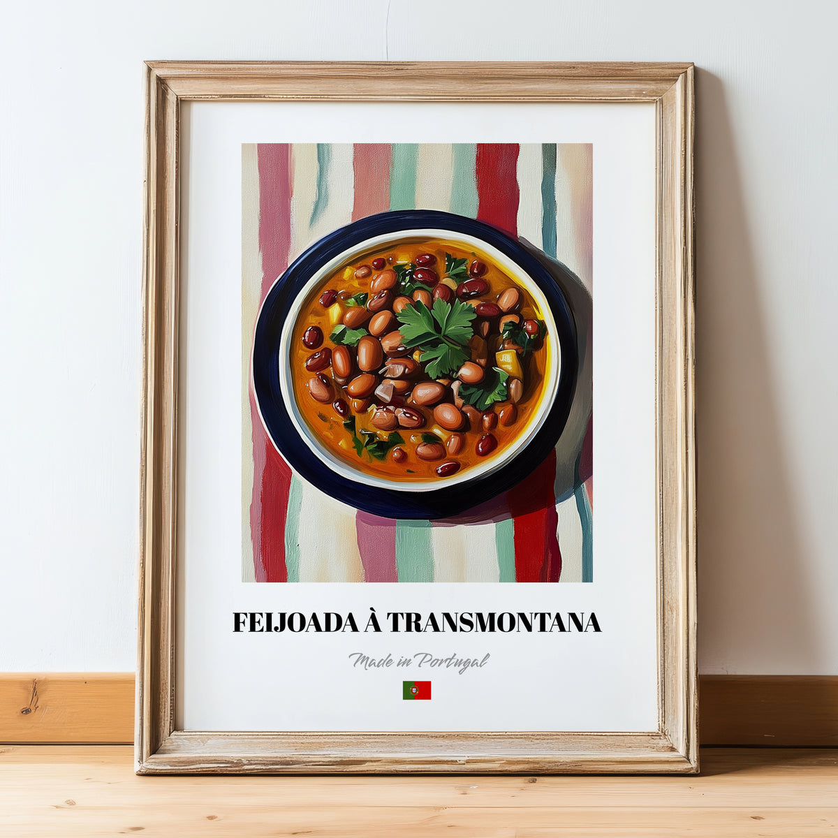 Feijoada à Transmontana – on Striped Tablecloth, Portuguese Food Print, in wooden frame leaning on the floor