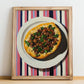 Lahmacun – on Striped Tablecloth, Turkish Food Painting, no-text version framed in wood