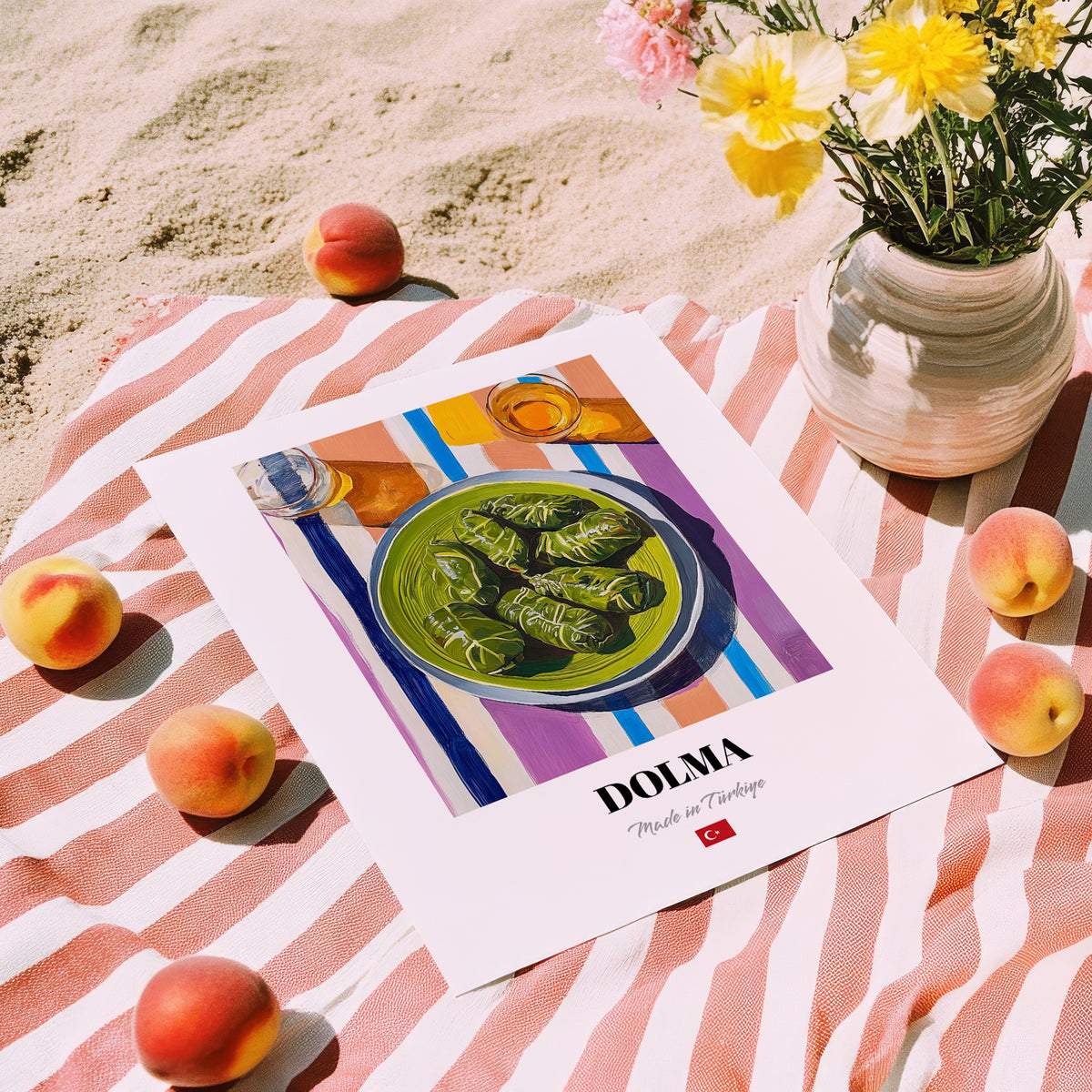 Dolma – on Striped Tablecloth, Turkish Food Wall Decor, unframed on coastal sand