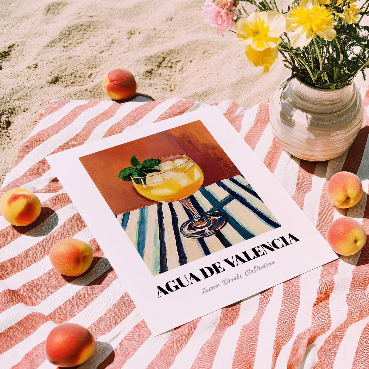 Agua De Valencia – on Striped Tablecloth, Spanish Cocktail Wall Art, unframed on coastal sand