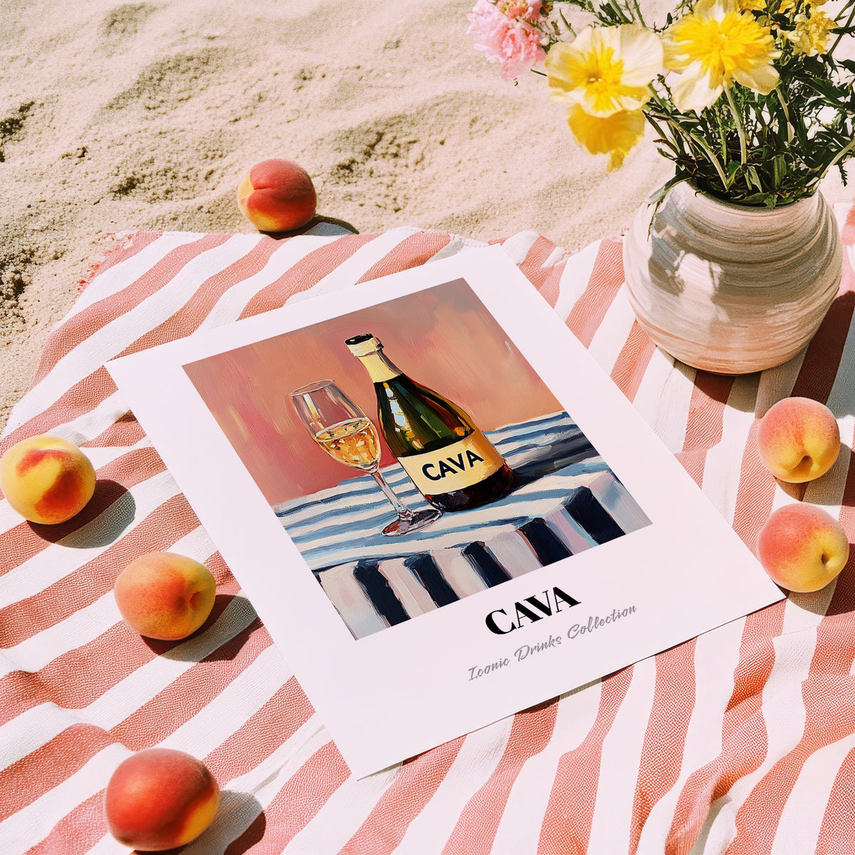 Cava – on Striped Tablecloth, Spanish Wine Wall Illustration, unframed on coastal sand