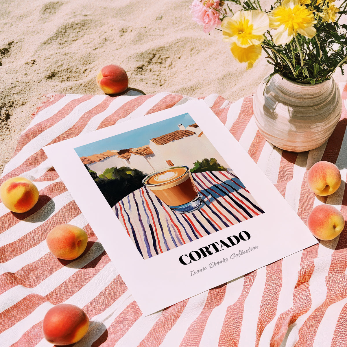 Cortado – Spanish Street Café Scene, Spanish Coffee Art, unframed on coastal sand