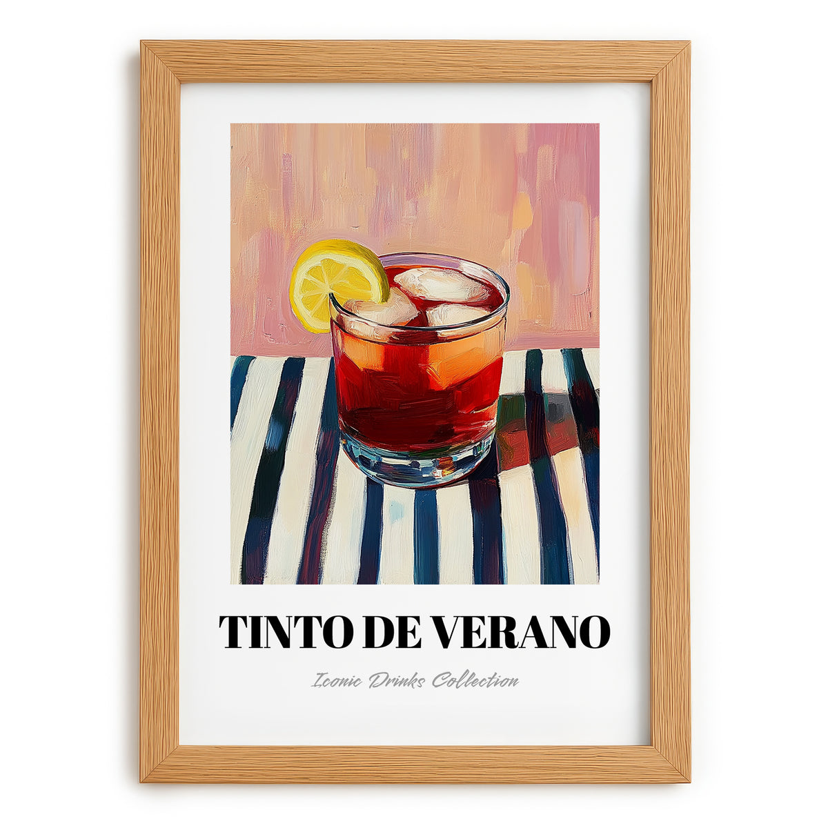 Tinto De Verano – on Striped Tablecloth, Spanish Cocktail Poster, set in oak frame