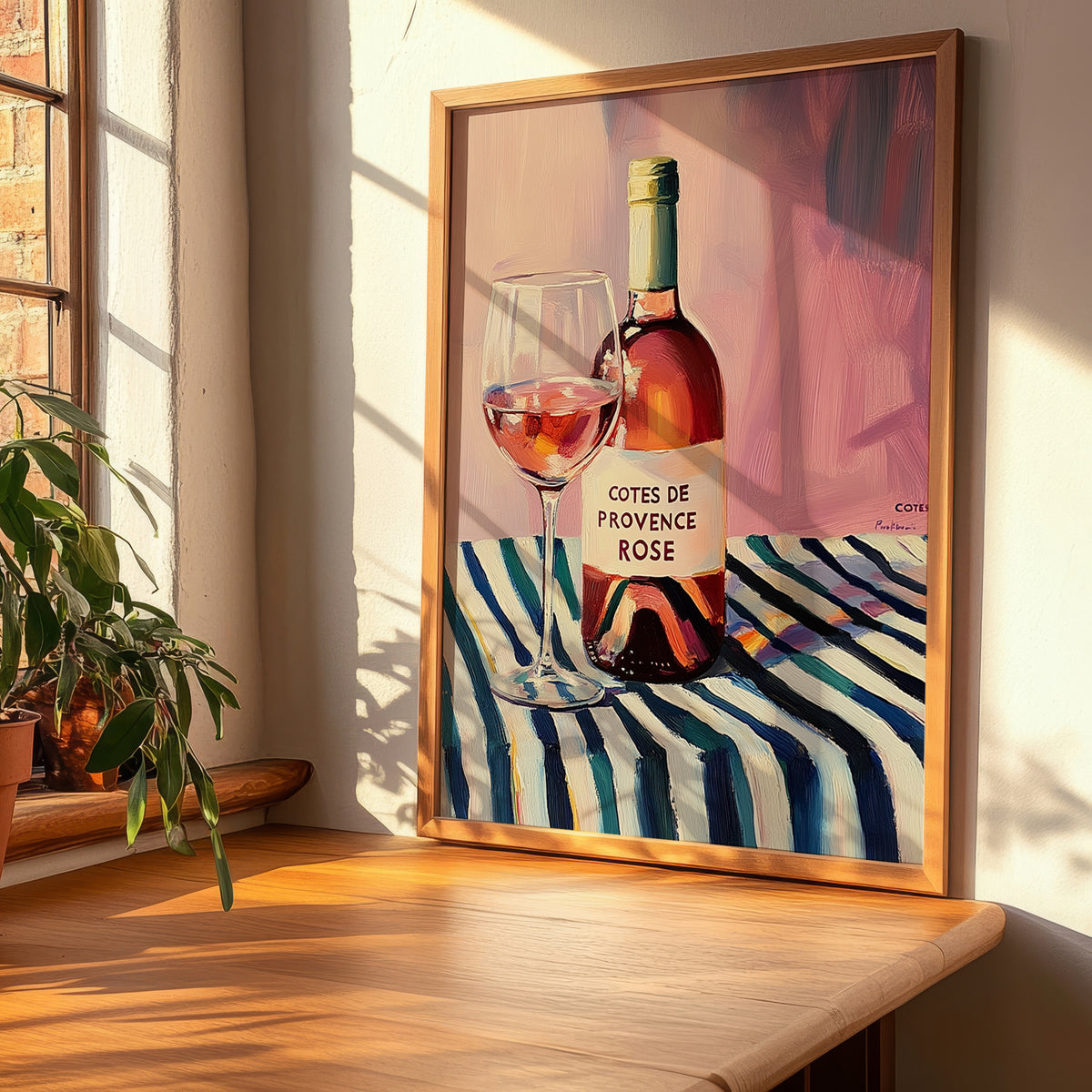 Côtes De Provence Rosé – on Striped Tablecloth, French Wine Still Life, clean layout with no caption