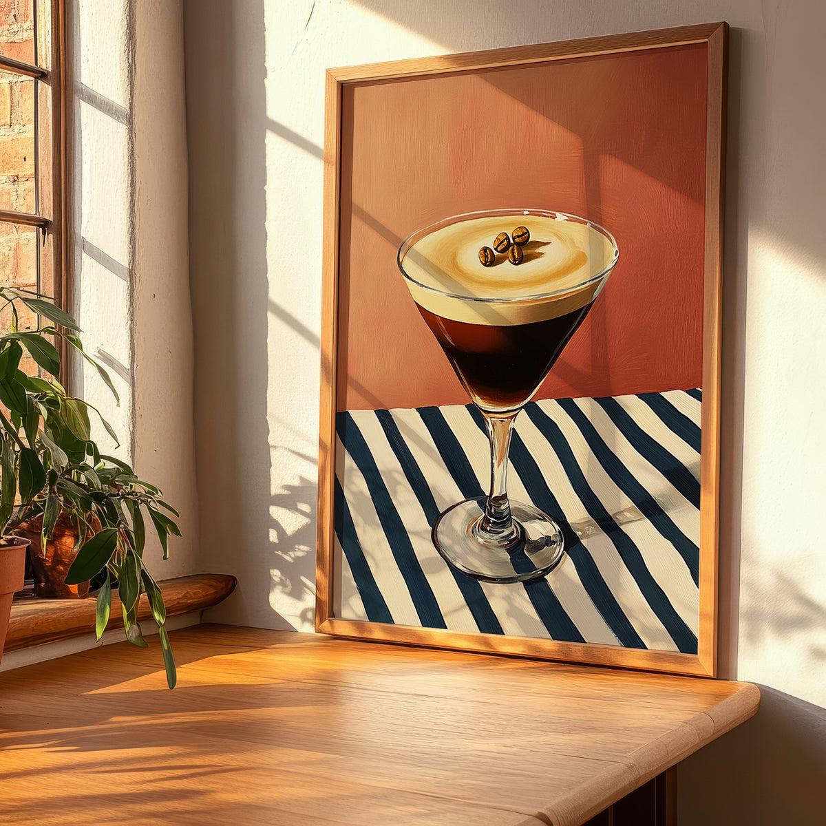 Espresso Martini – on Striped Tablecloth, French Cocktail Wall Decor, clean layout with no caption