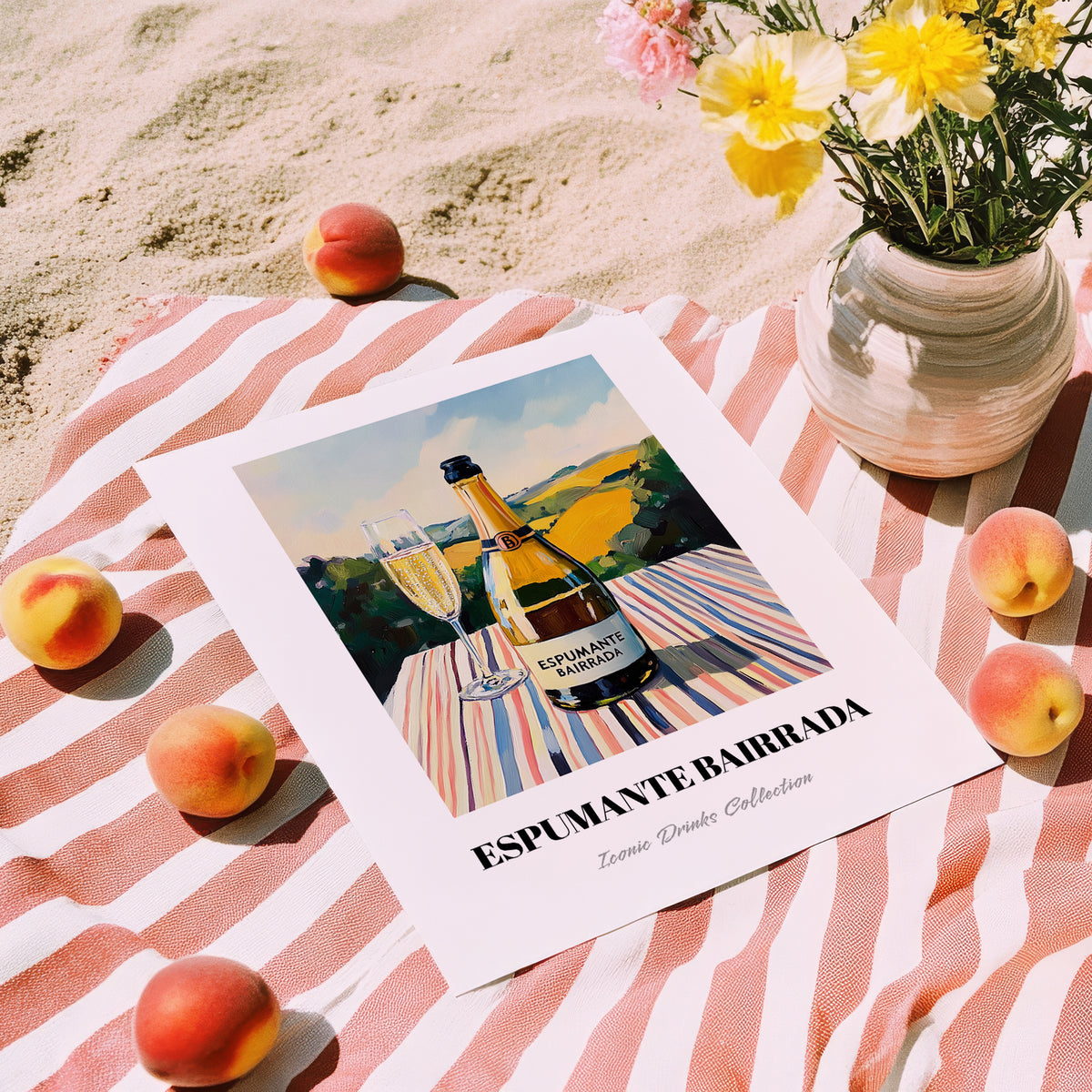 Espumante Bairrada – Portuguese Hilltop Table Scene, Portuguese Sparkling Wine Illustration, unframed on coastal sand