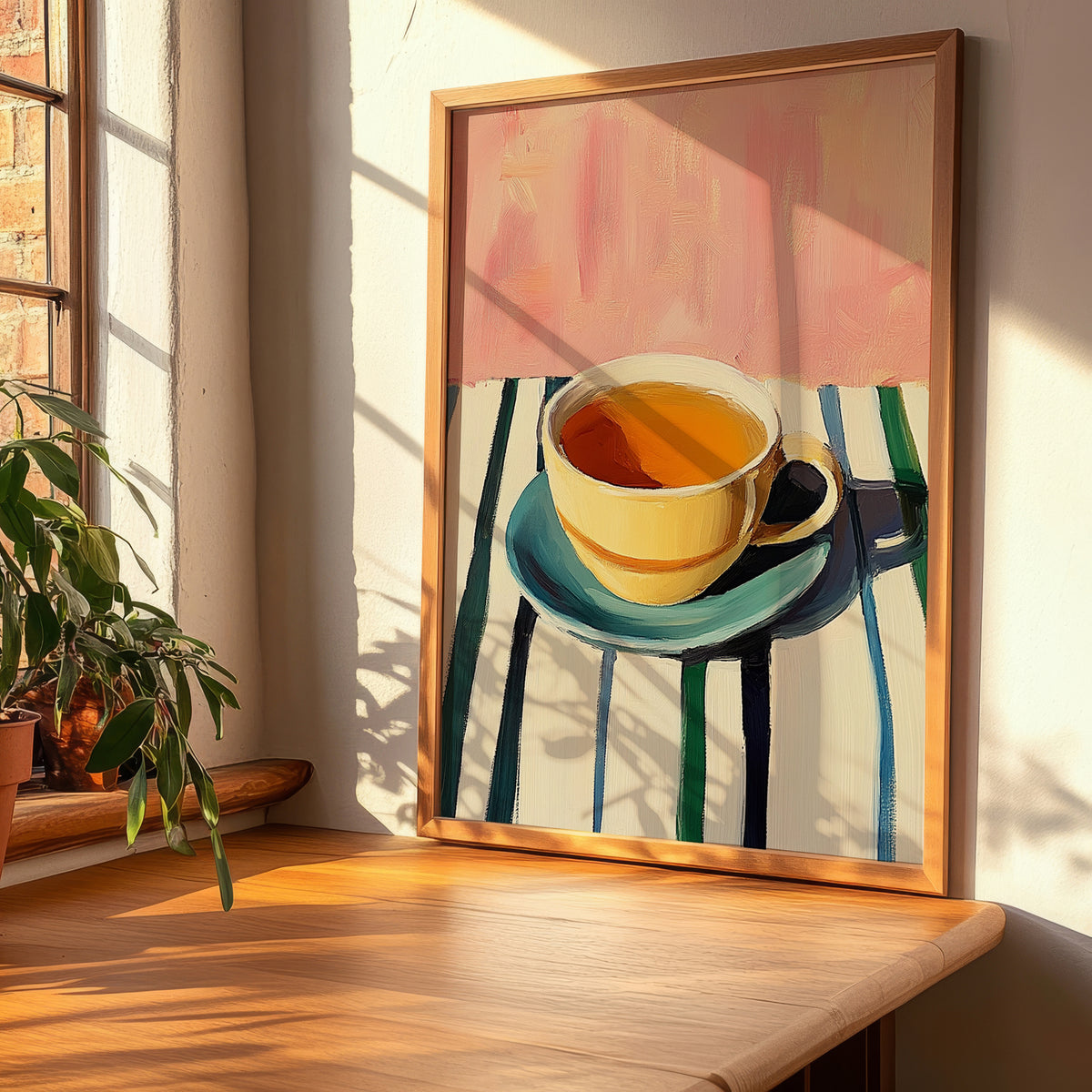 Tsai Tou Vounou Beverage – on Striped Tablecloth, Greek Beverage Still Life, clean layout with no caption
