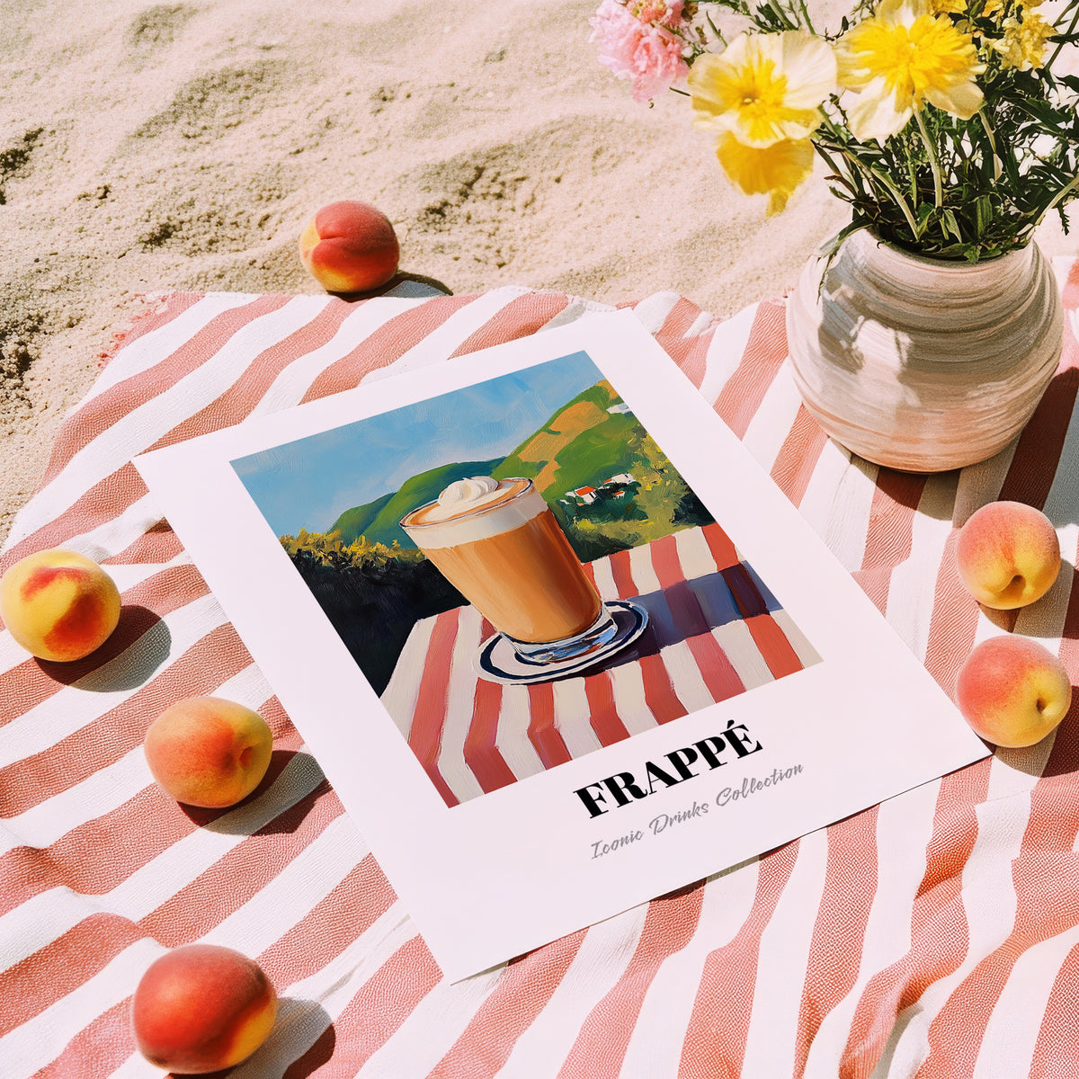 Frappé – Greek Hillside Café View, Greek Coffee Painting, unframed on coastal sand