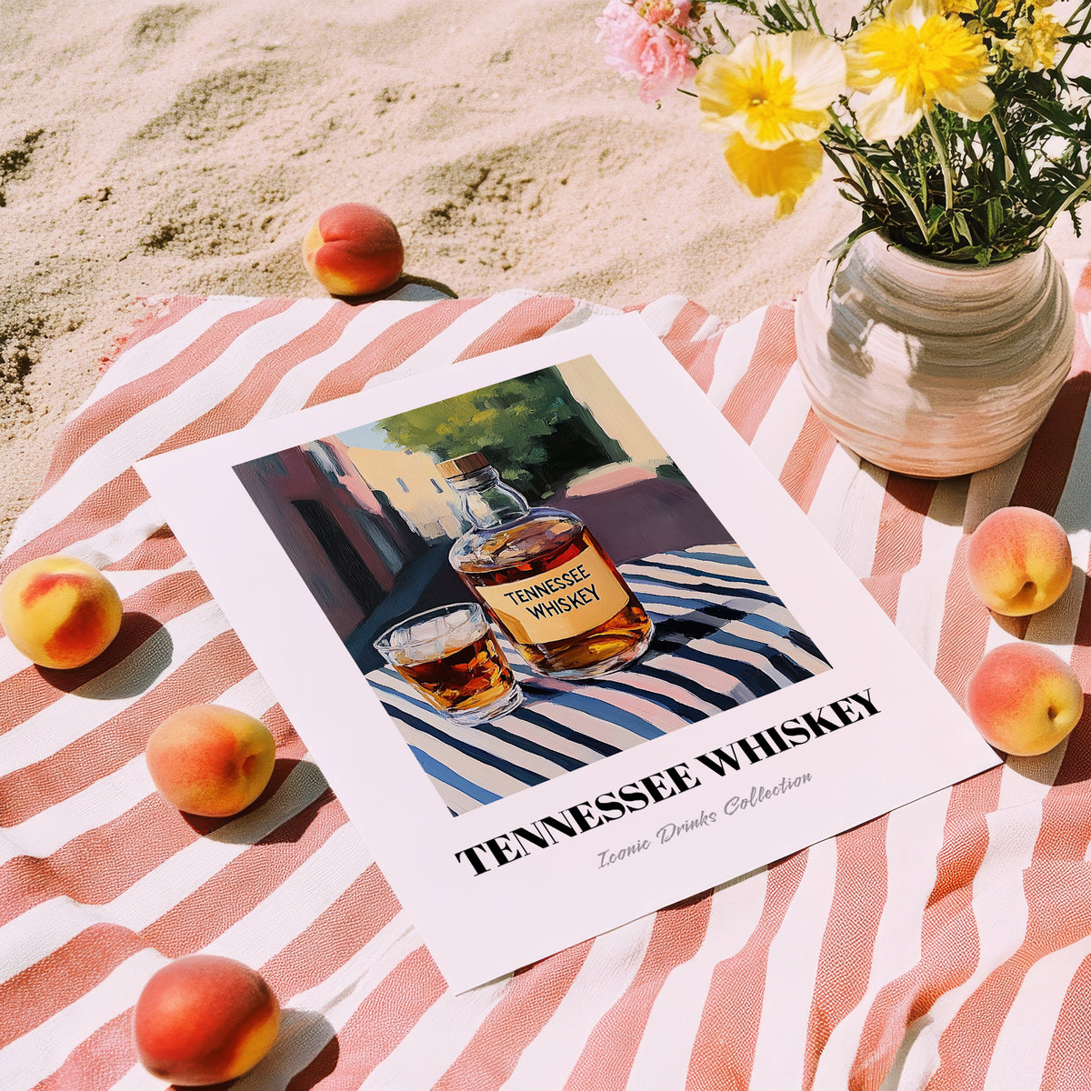 Tennessee Whiskey – American Urban Café Scene, American Whiskey Poster, unframed on coastal sand