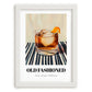 Old Fashioned – on Striped Tablecloth, American Cocktail Wall Art, placed in minimal white frame