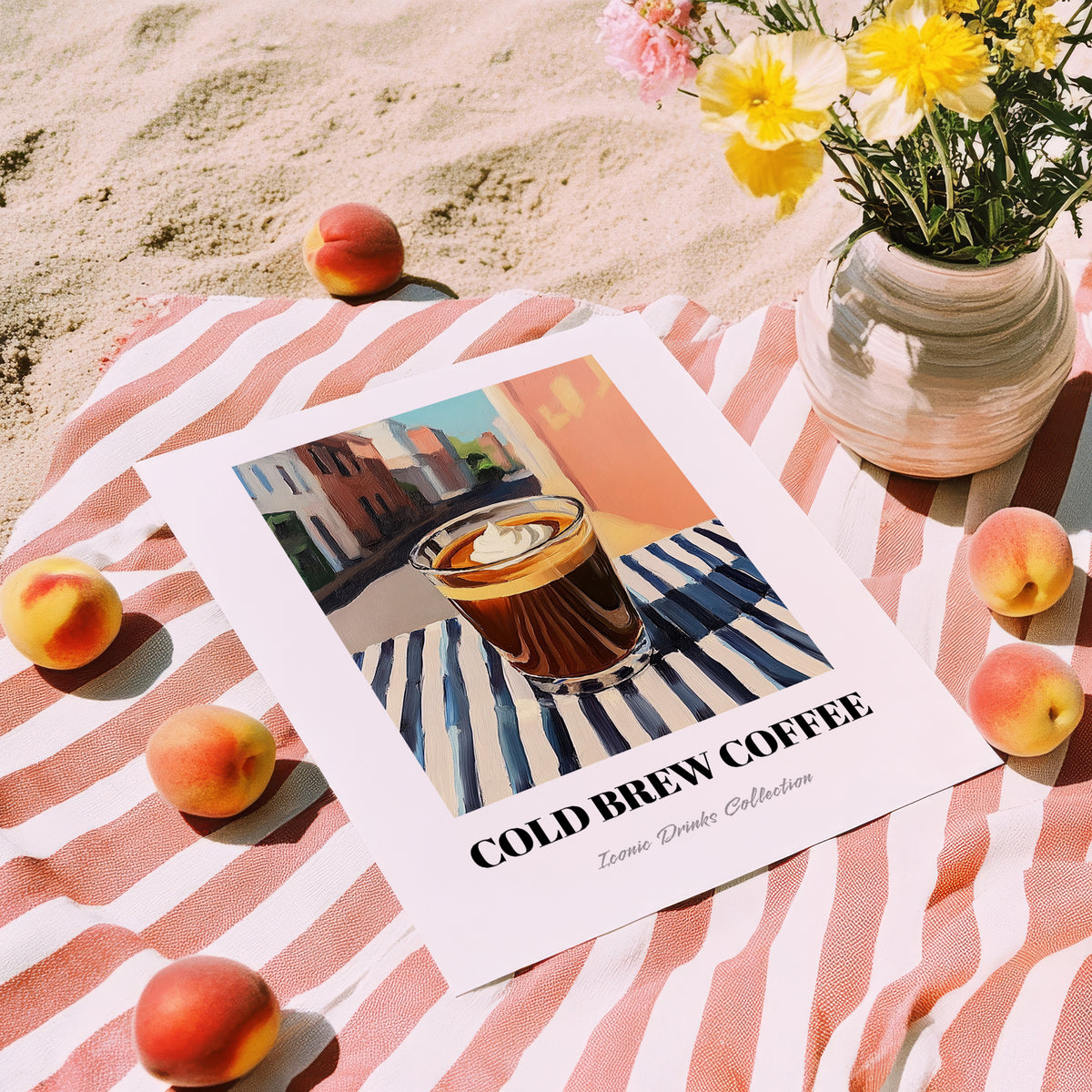 Cold Brew – American Street Café Scene, American Coffee Still Life, unframed on coastal sand