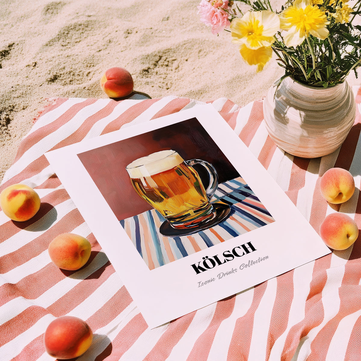 Kölsch – on Striped Tablecloth, German Beer Wall Decor, unframed on coastal sand