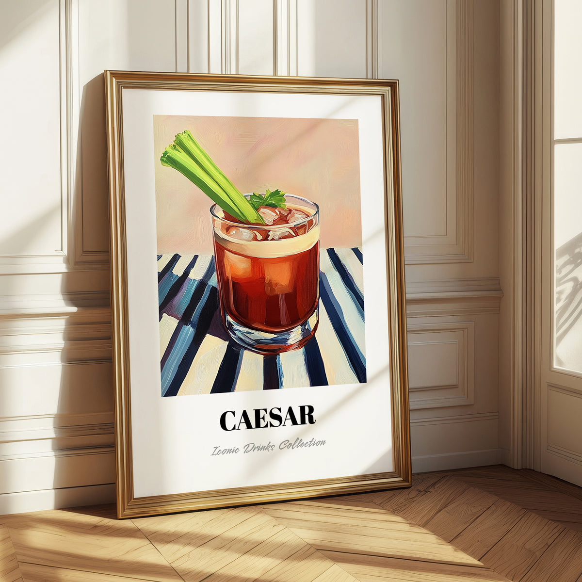 Caesar – on Striped Tablecloth, Canadian Whiskey Still Life