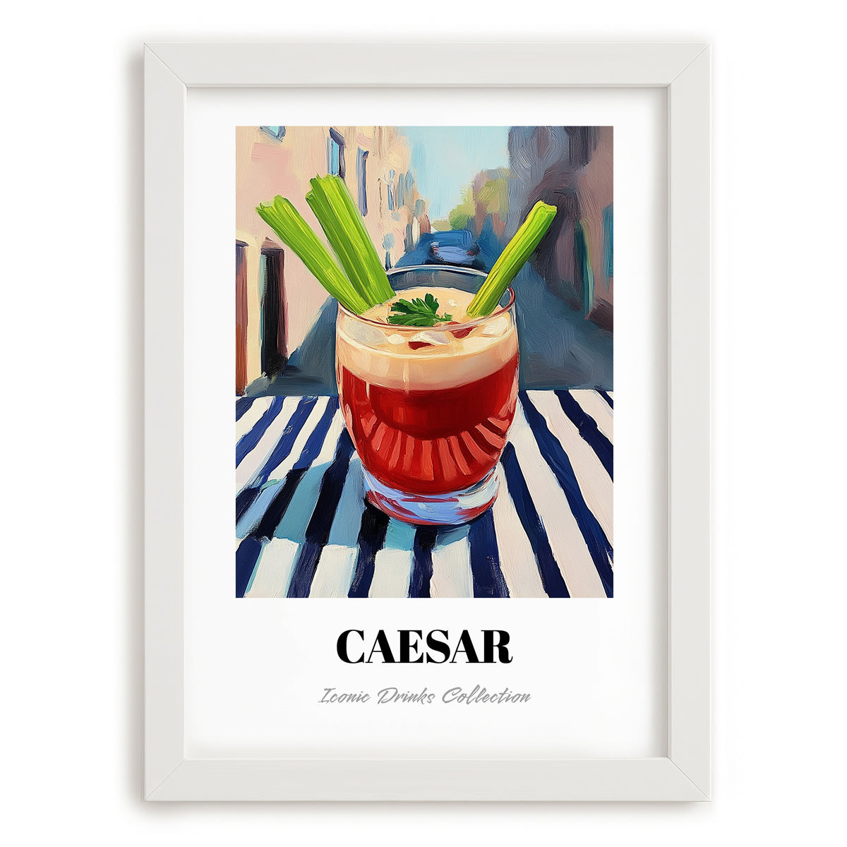 Caesar – Canadian Outdoor Café Scene, Canadian Cocktail Print, placed in minimal white frame