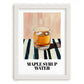 Maple Syrup Water – on Striped Tablecloth, Canadian Beverage Print, placed in minimal white frame