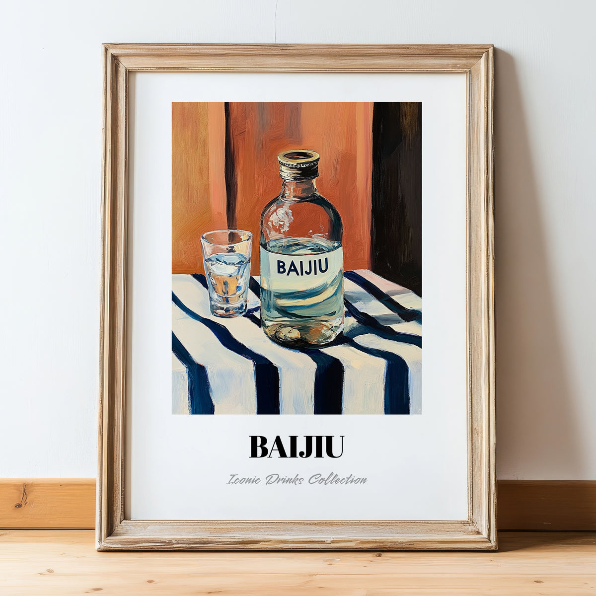 Pu-erh Tea – on Striped Tablecloth, Chinese Spirit Painting, in wooden frame leaning on the floor