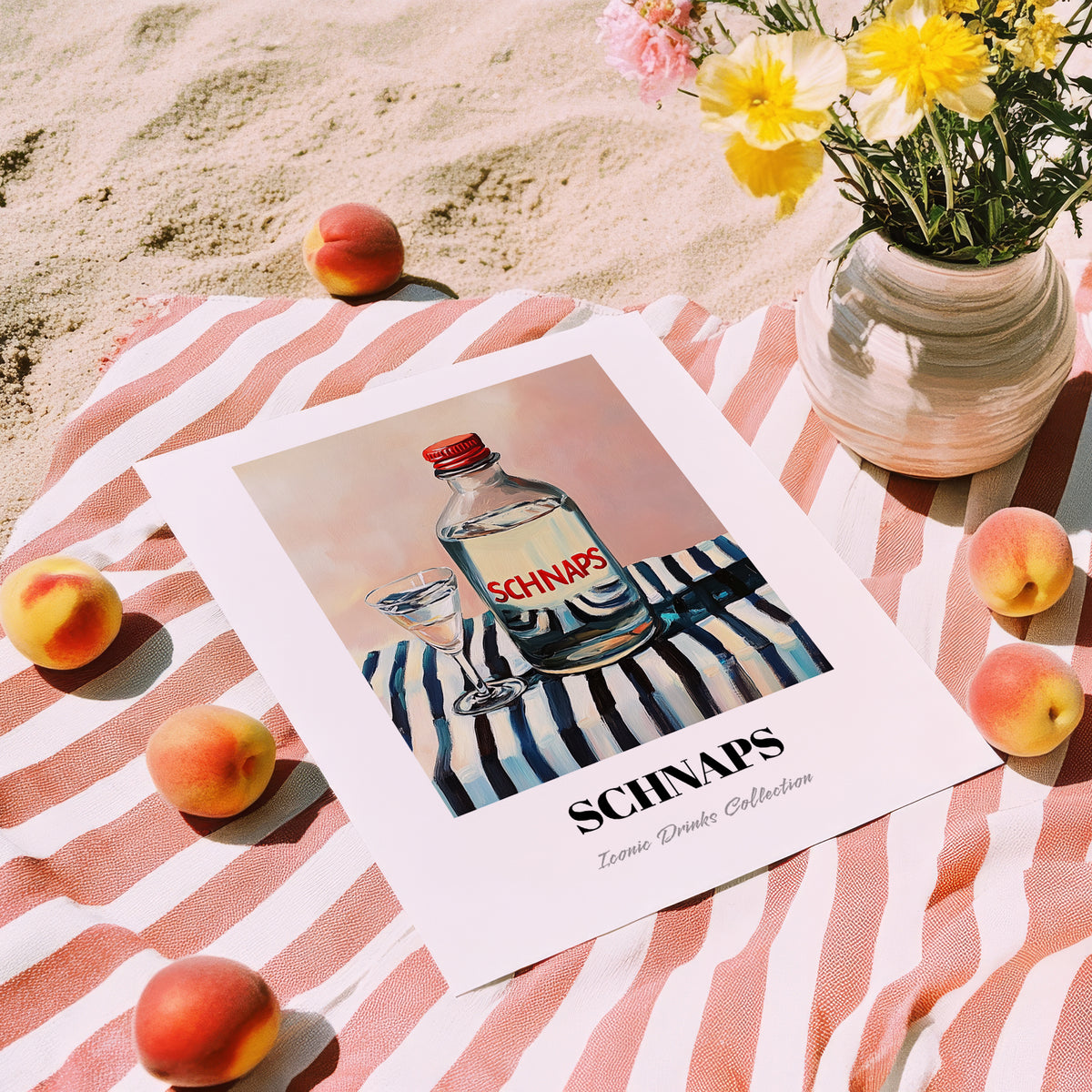 Schnaps – on Striped Tablecloth, Austrian Beer Still Life, unframed on coastal sand