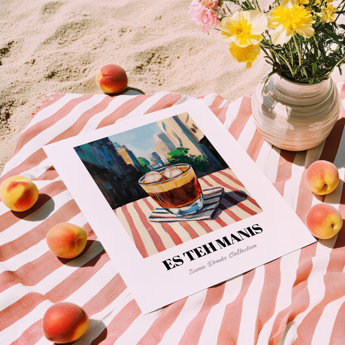 Es Teh Manis – Indonesian Café on the Corner, Indonesian Tea Painting, unframed on coastal sand