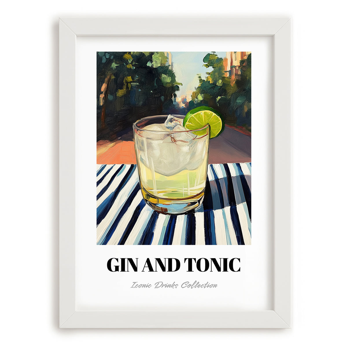 Gin And Tonic – English Outdoor Café Scene, English Spirit Wall Decor, placed in minimal white frame