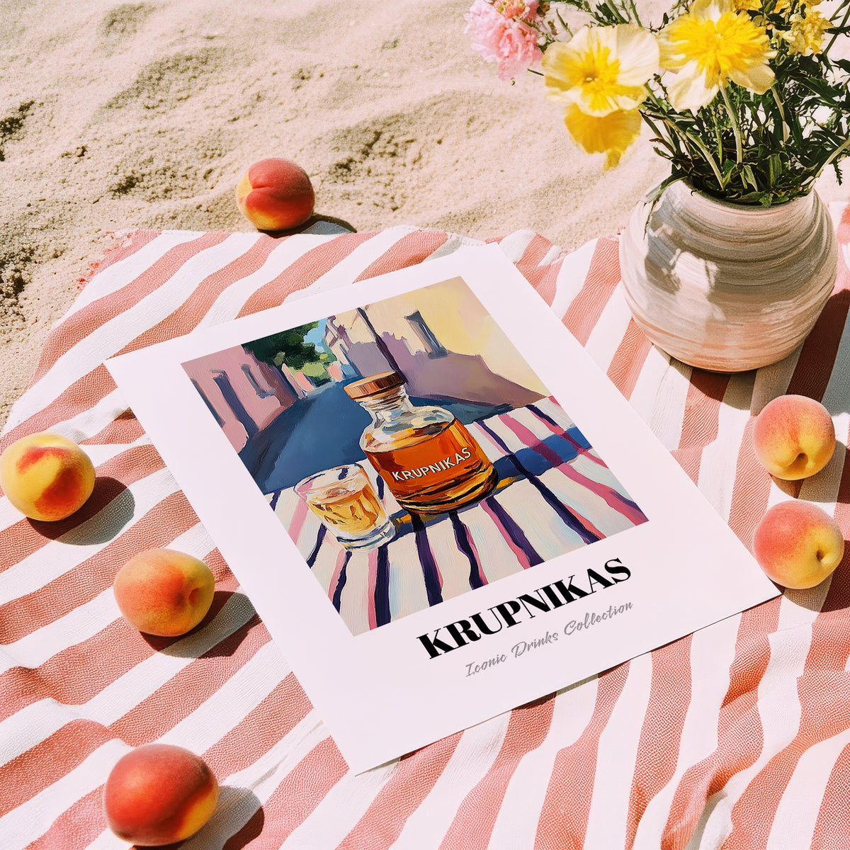 Krupnikas – Lithuanian Outdoor Café Scene, Lithuanian Spirit Still Life, unframed on coastal sand