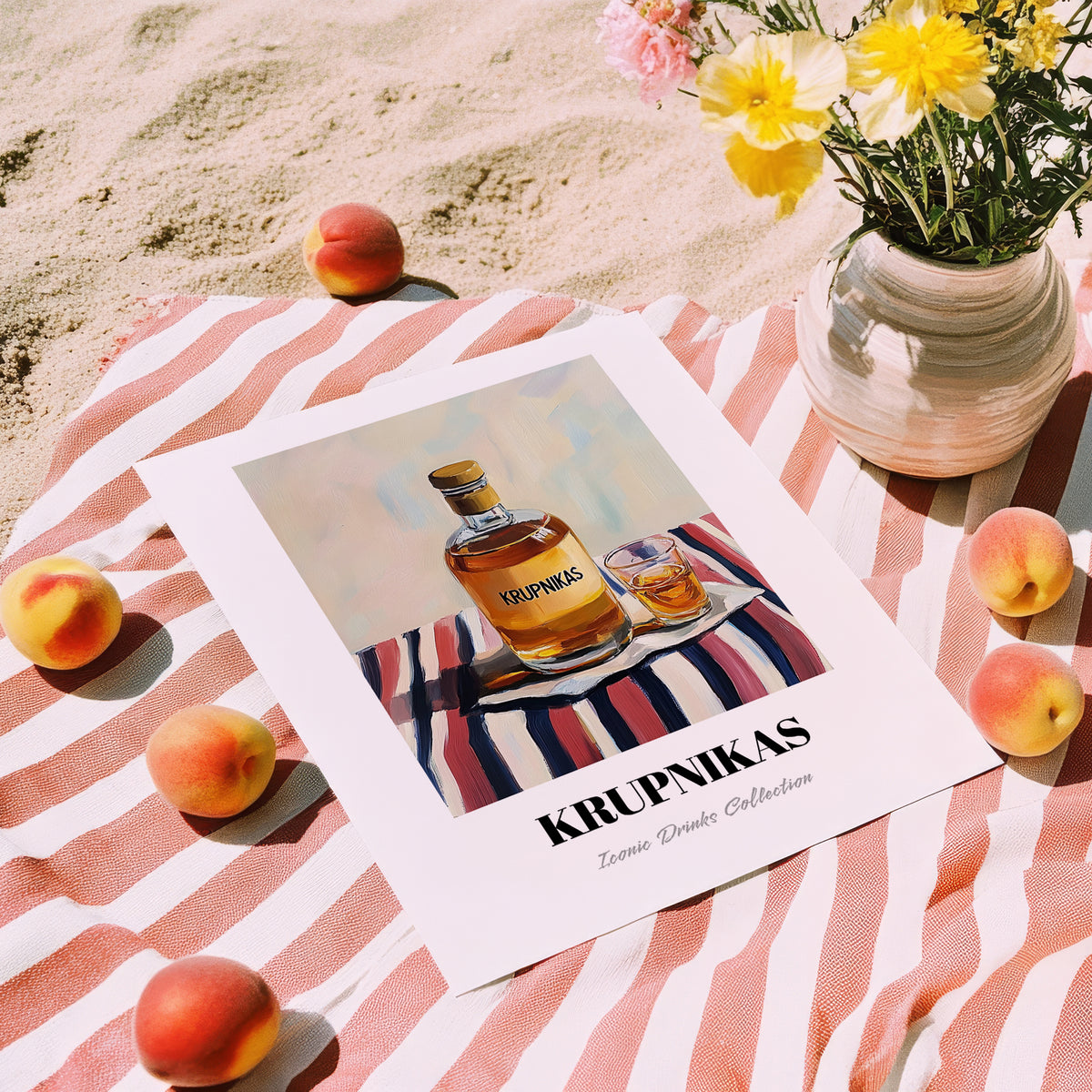 Krupnikas – on Striped Tablecloth, Lithuanian Beverage Painting, unframed on coastal sand