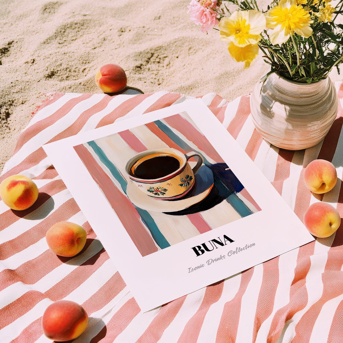 Buna – on Striped Tablecloth, Ethiopian Coffee Painting, unframed on coastal sand