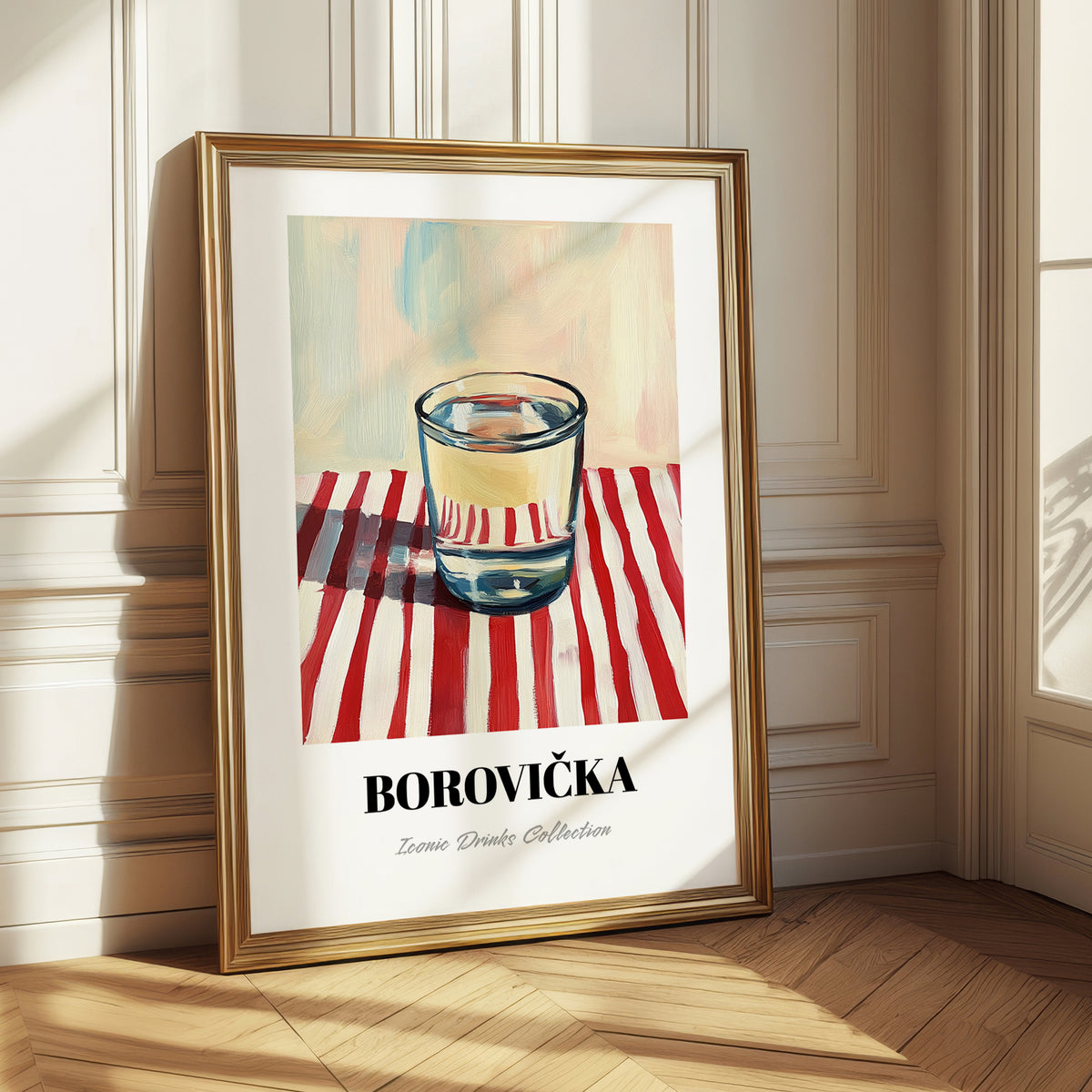 Borovička – on Striped Tablecloth, Slovak Beverage Poster