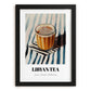 Libyan Tea – on Striped Tablecloth, Libyan Beverage Still Life, in sleek black frame