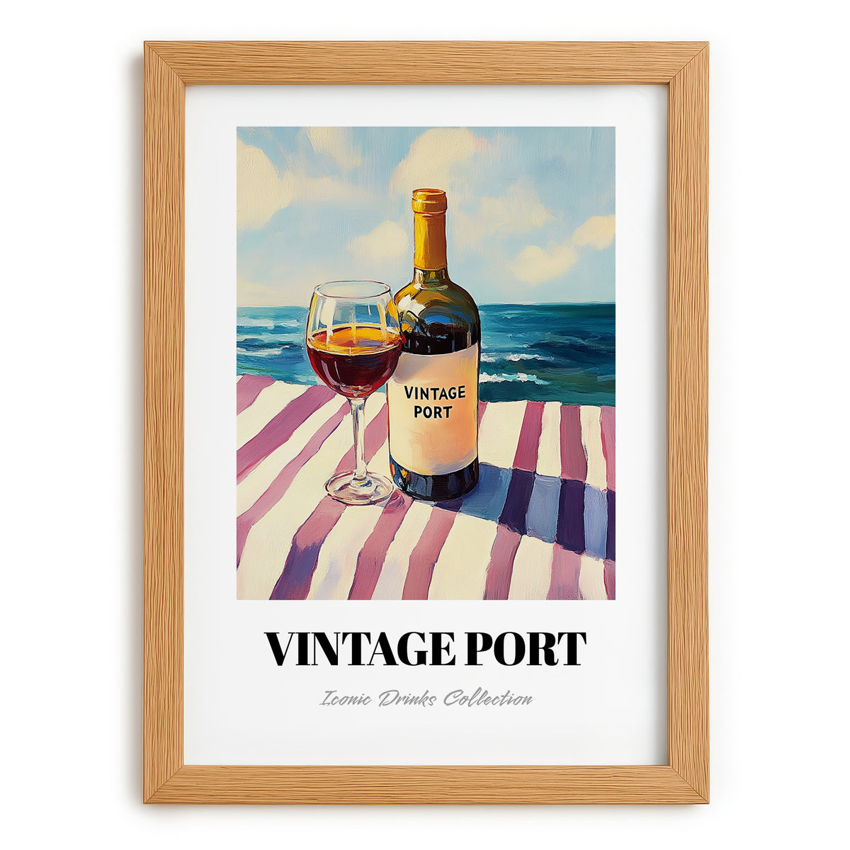 Vintage Port – Portuguese Seaside Café Scene, Portuguese Dessert Wine Painting, set in oak frame