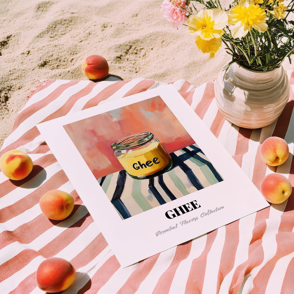 Ghee – on Striped Tablecloth, Ingredients Corner Wall Decor, unframed on coastal sand