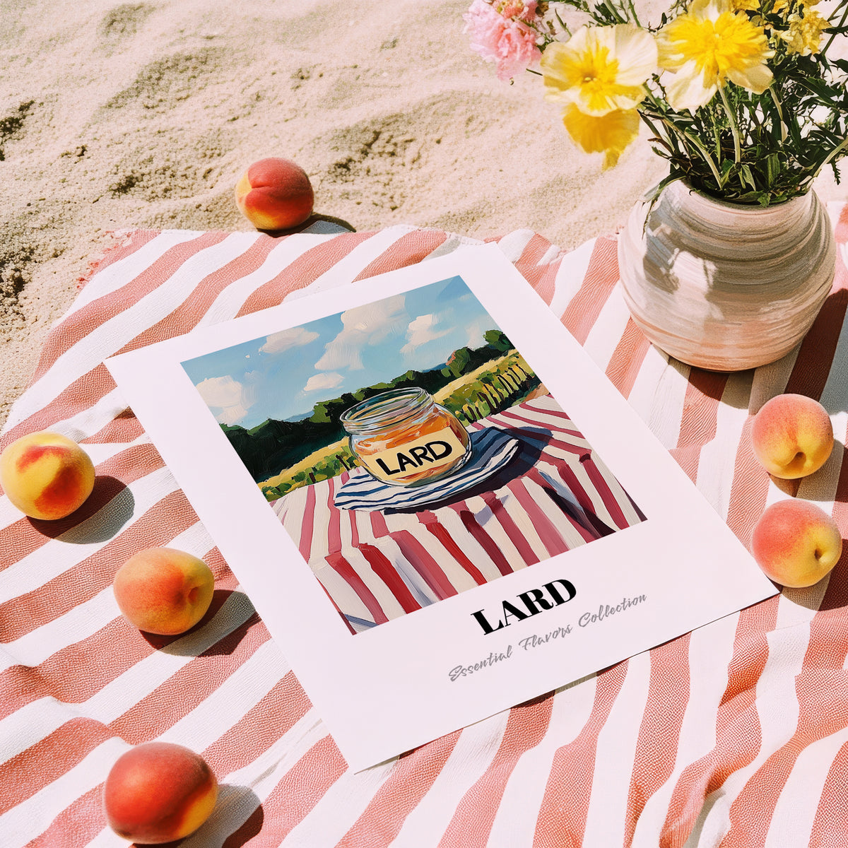 Lard – Italian Hilltop Table Scene, Pantry Wall Decor, unframed on coastal sand