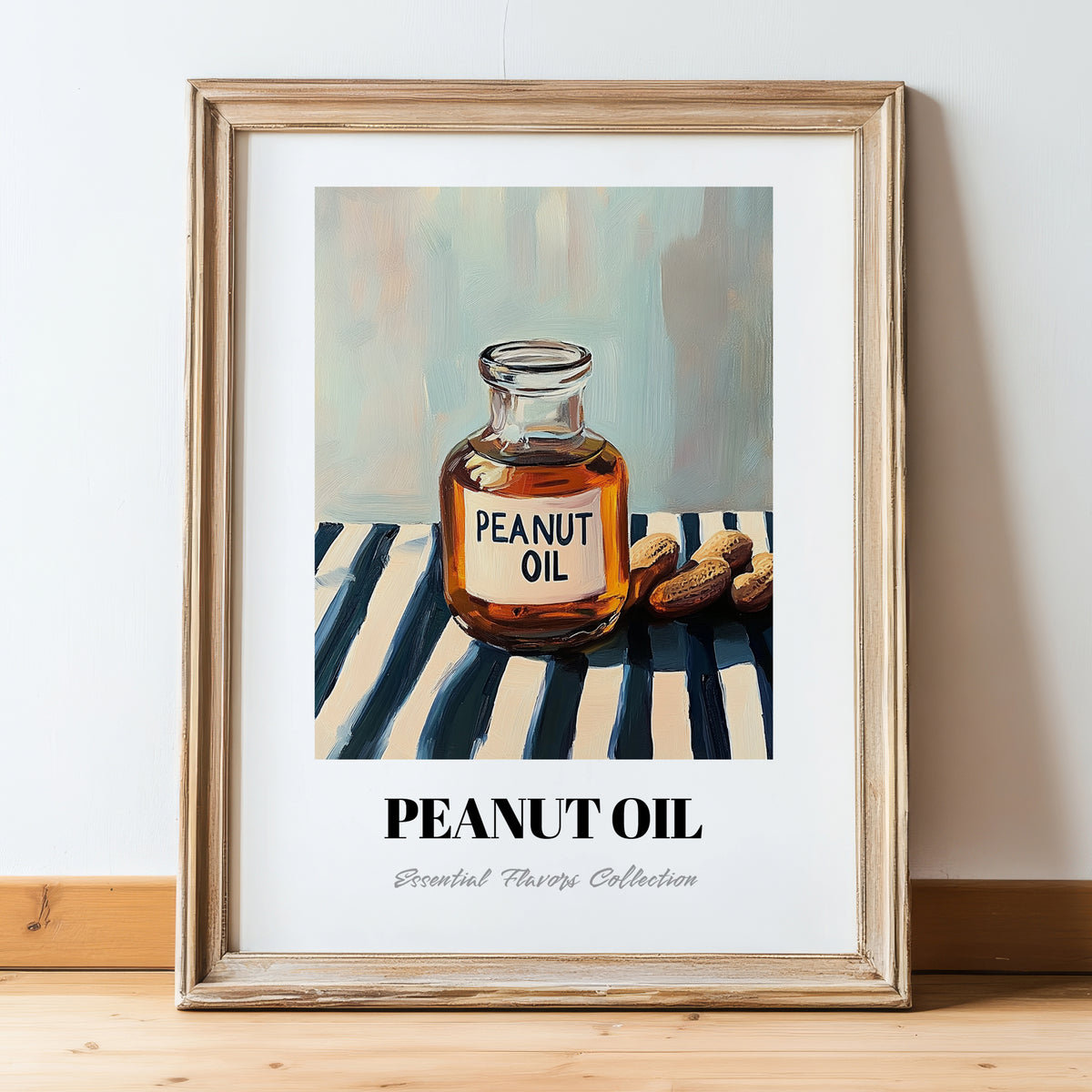 Peanut Oil – on Striped Tablecloth, Grocery Poster, in wooden frame leaning on the floor