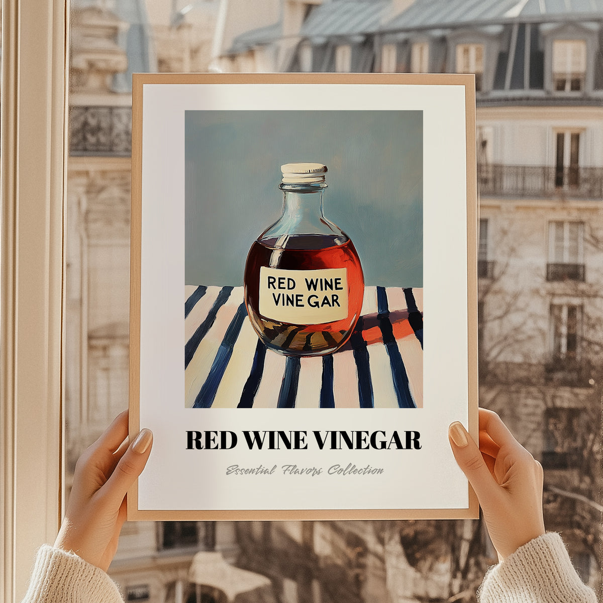 Red Wine Vinegar – on Striped Tablecloth, Shelf Stock Wall Decor, styled in a charming Paris street view