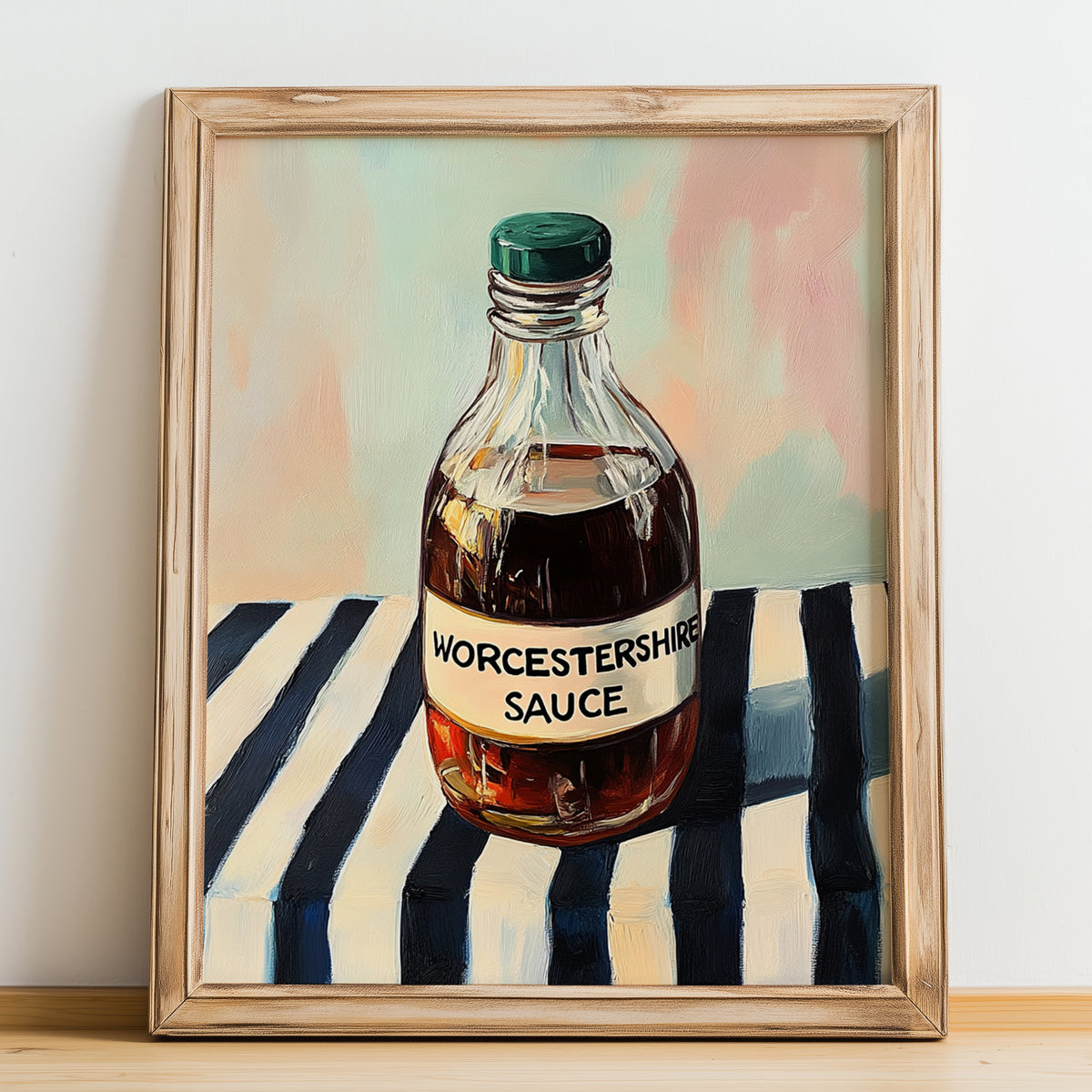 Worcestershire Sauce – on Striped Tablecloth, Grocery Still Life, no-text version framed in wood