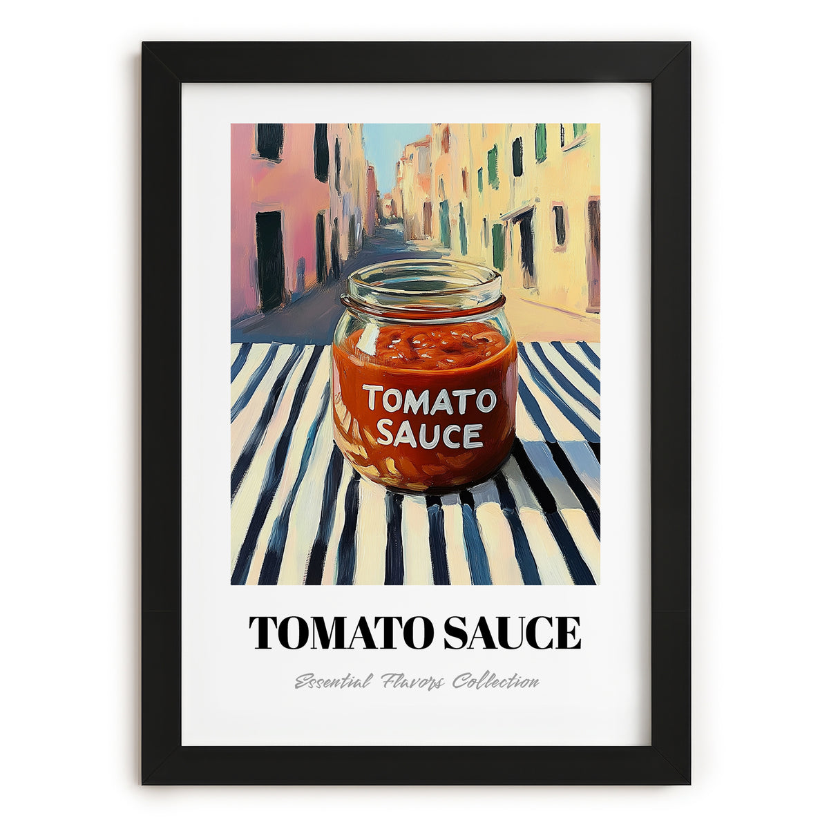 Tomato Sauce – Italian Street Café Scene, Grocery Wall Illustration, in sleek black frame
