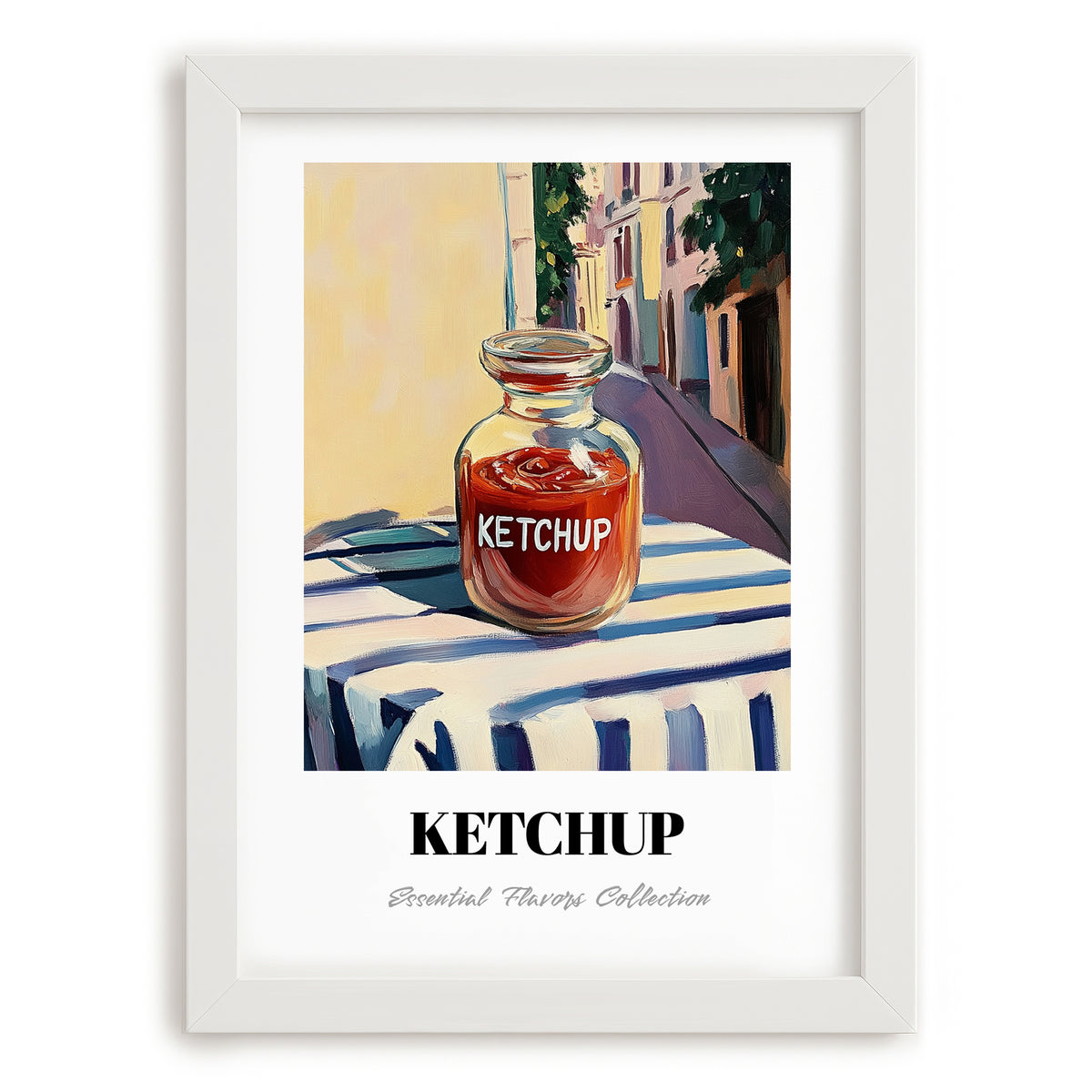 Ketchup – Italian Urban Café Scene, Shelf Stock Wall Decor, placed in minimal white frame