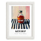 Ketchup – on Striped Tablecloth, Grocery Still Life, placed in minimal white frame