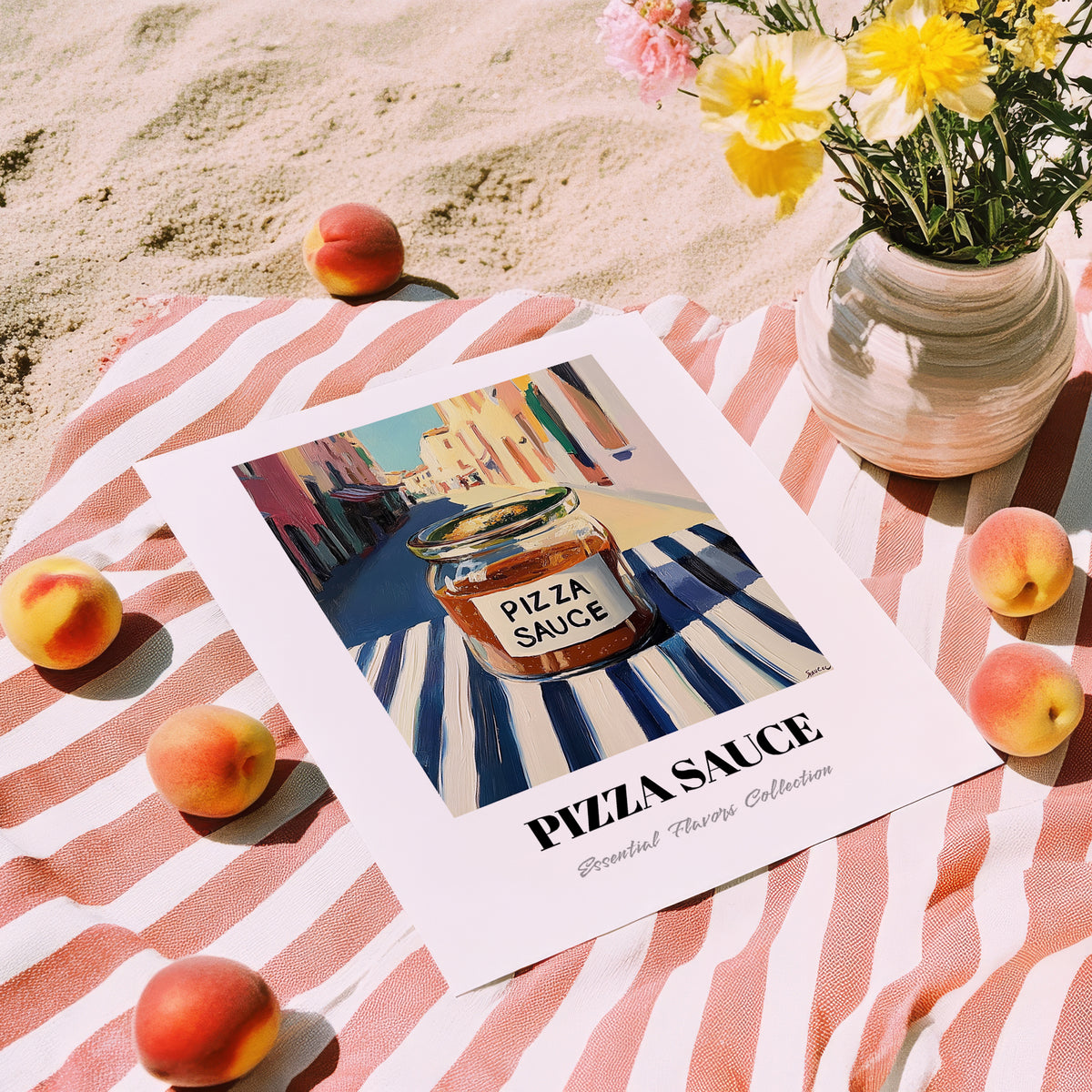 Pizza Sauce – Italian Café on the Corner, Food Stash Poster, unframed on coastal sand