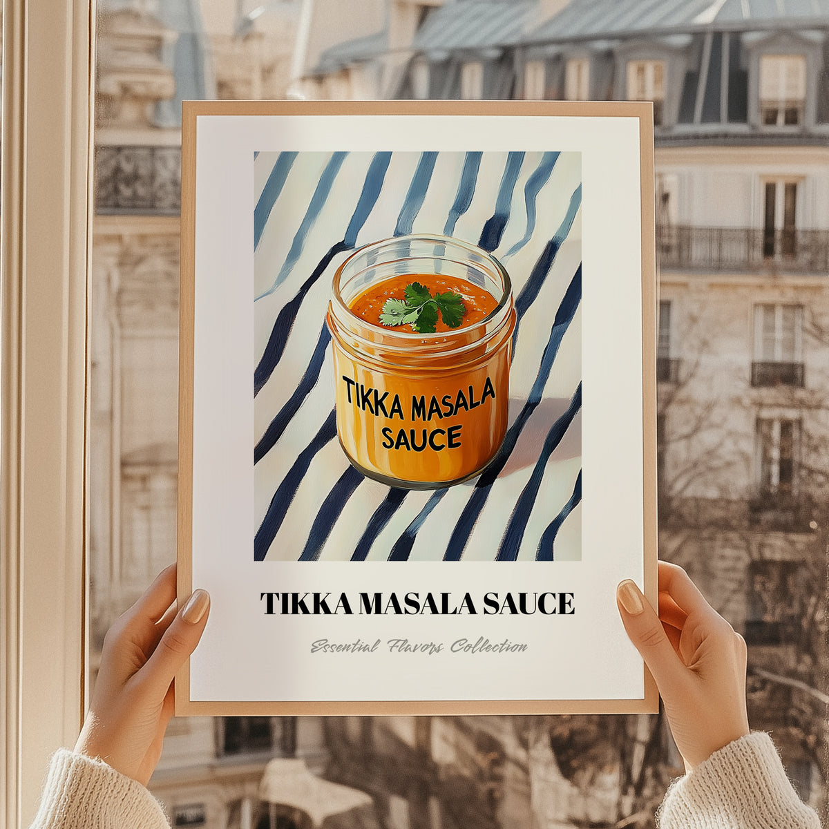 Tikka Masala Sauce – on Striped Tablecloth, Grocery Still Life, styled in a charming Paris street view