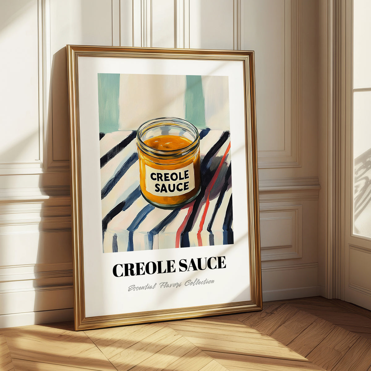 Creole Sauce – on Striped Tablecloth, Grocery Illustration