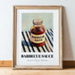 Barbecue Sauce – on Striped Tablecloth, Bbq Still Life, in wooden frame leaning on the floor