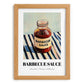 Barbecue Sauce – on Striped Tablecloth, Bbq Still Life, set in oak frame