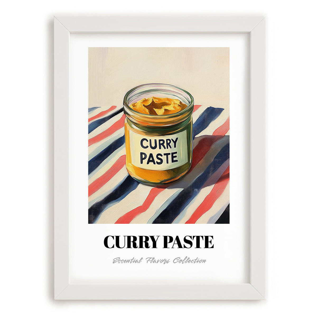 Curry Paste – on Striped Tablecloth, Pantry Illustration, placed in minimal white frame