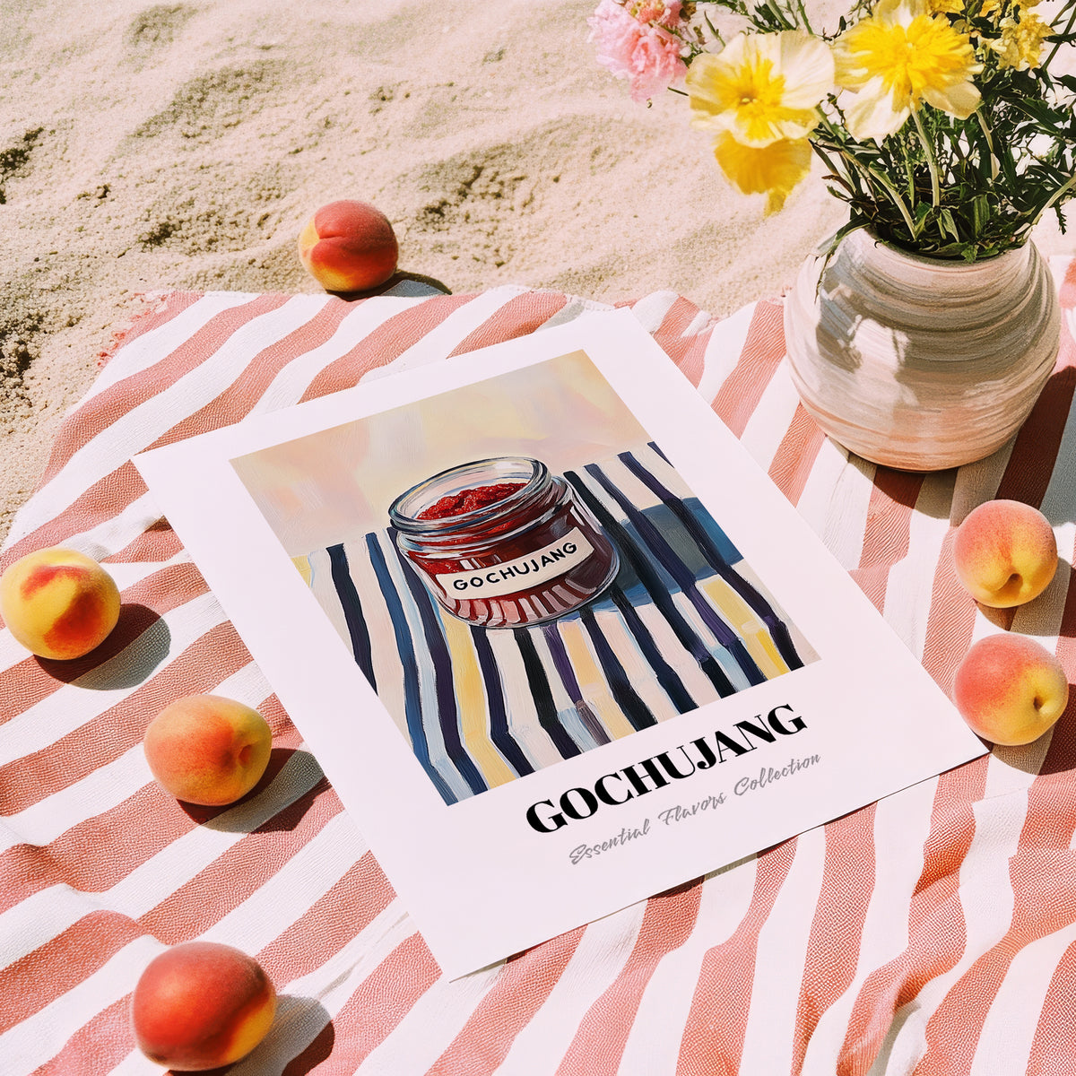 Gochujang – on Striped Tablecloth, Pantry Wall Art, unframed on coastal sand
