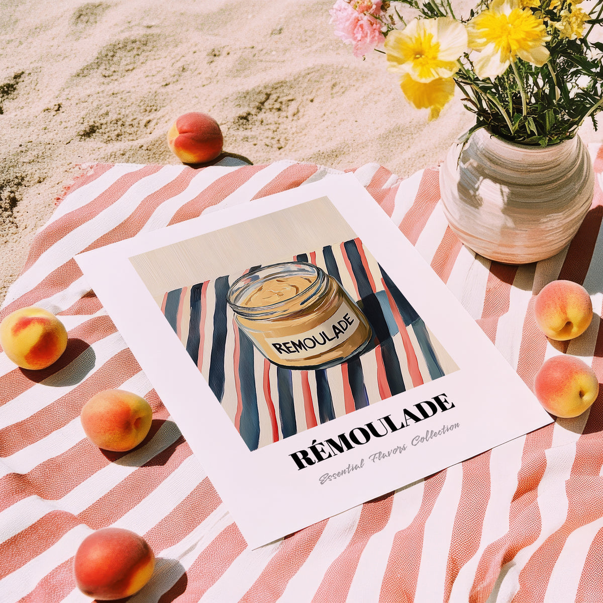 Remoulade – on Striped Tablecloth, Shelf Stock Painting, unframed on coastal sand