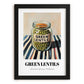 Green Lentils – on Striped Tablecloth, Pantry Wall Decor, in sleek black frame