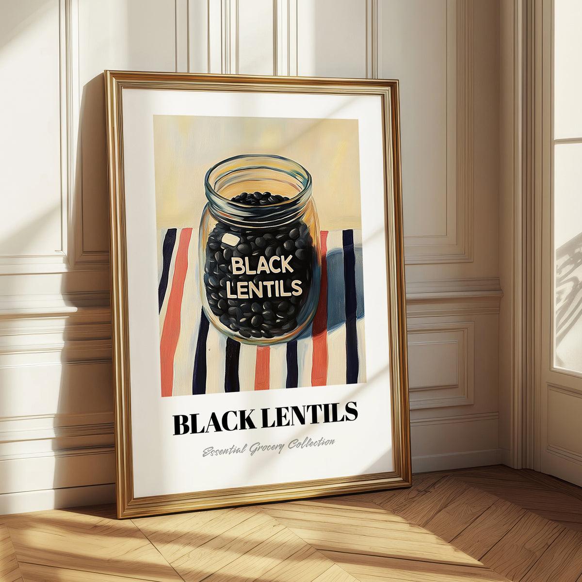 Black Lentils – on Striped Tablecloth, Food Stash Illustration