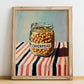 Chickpeas – on Striped Tablecloth, Pantry Illustration, no-text version framed in wood