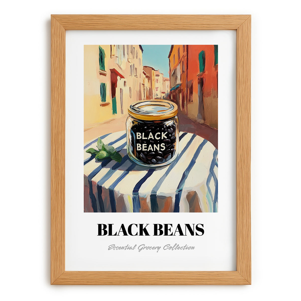 Black Beans – Italian Outdoor Café Scene, Grocery Illustration, set in oak frame