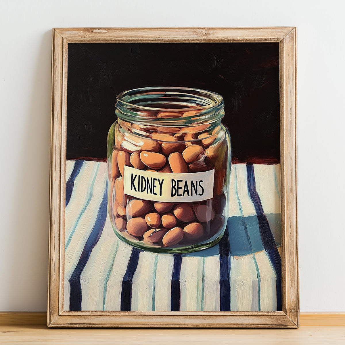 Kidney Beans – on Striped Tablecloth, Shelf Stock Poster, no-text version framed in wood